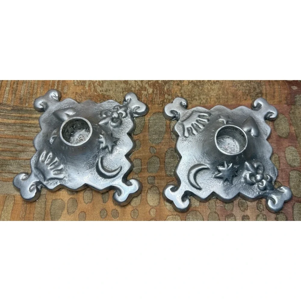 Celestial Candlestick Set Aluminum Metal Candle Holder Crown Heart Moon Stars